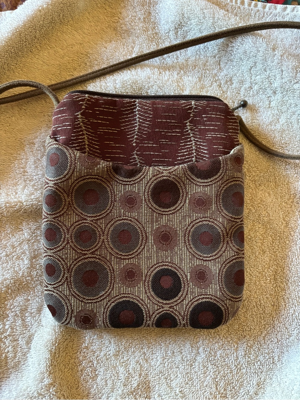 Maruca Crossbody Bag in Brick Brown with Tan and Gray Circles